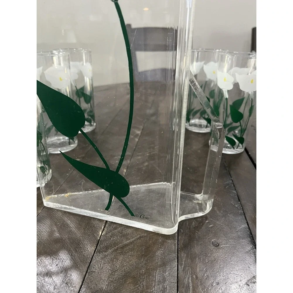 Vtg Cora‎ Acrylic Calla Lilly Pitcher 6 Cups Floral MCM